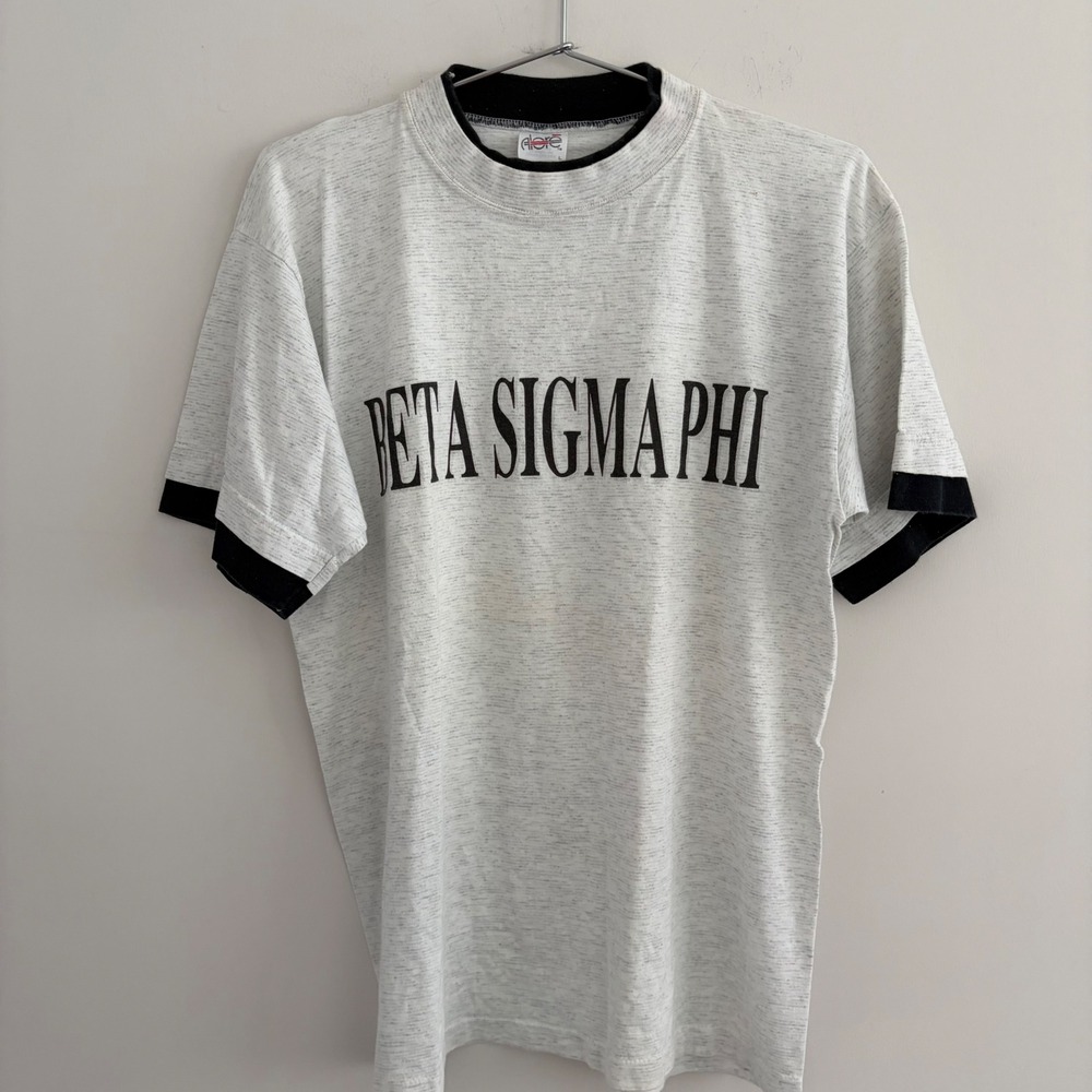 Vintage Alore Beta Sigma Phi Ringer T Shirt Gray Black Mens Large USA Made